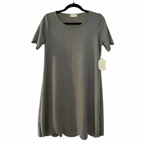 NWT ALTAR D'State Scalloped Short Sleeve Gray Faux Suede Shirt Mini Dress Sz M - Picture 2 of 6
